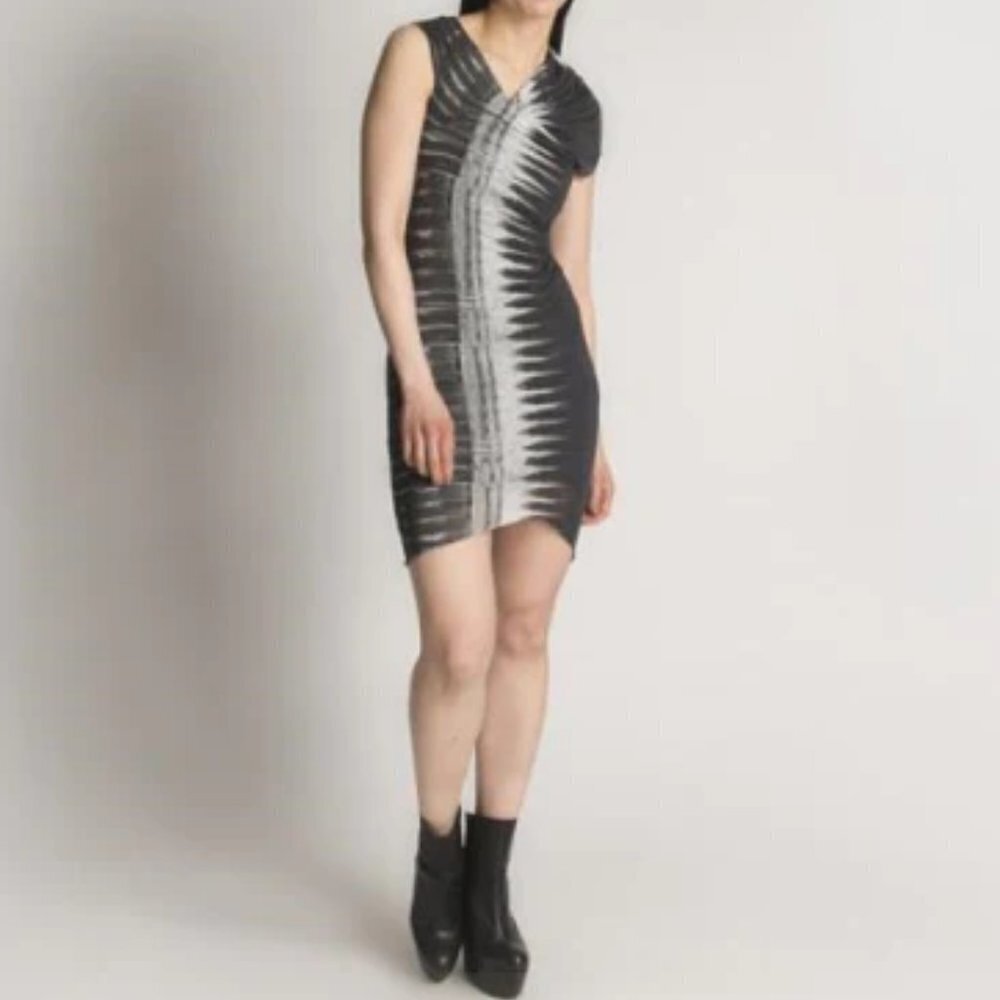 HELMUT LANG Black & Grey Tie-Dye Print Abstract Asymmetrical Midi Dress size S